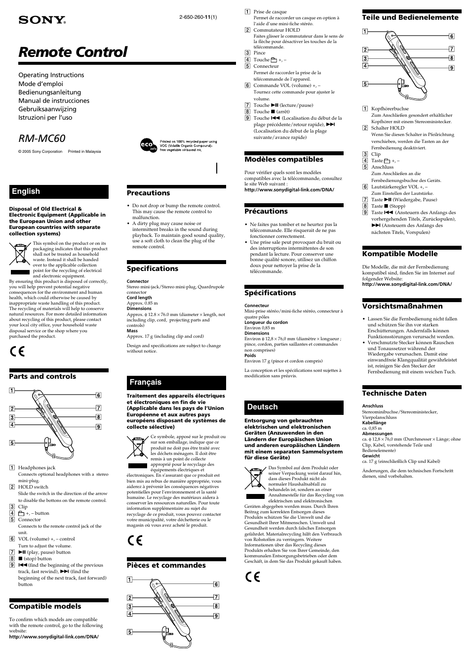 Sony RM-MC60 User Manual | 2 pages