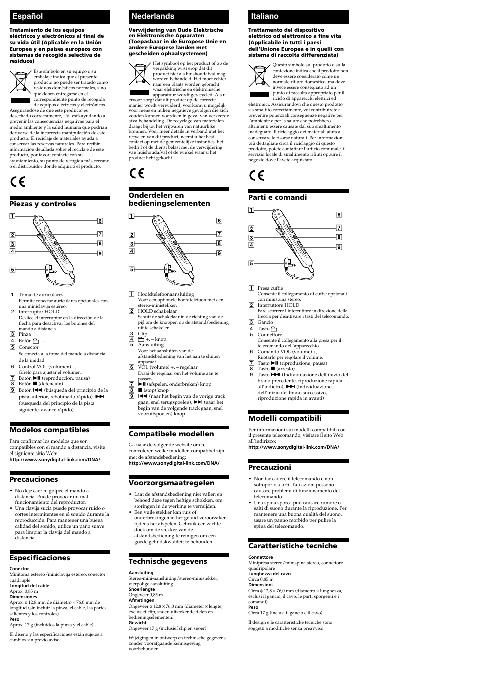 Español, Nederlands, Italiano | Piezas y controles, Modelos compatibles, Precauciones, Especificaciones, Onderdelen en bedieningselementen, Compatibele modellen, Voorzorgsmaatregelen | Sony RM-MC60 User Manual | Page 2 / 2