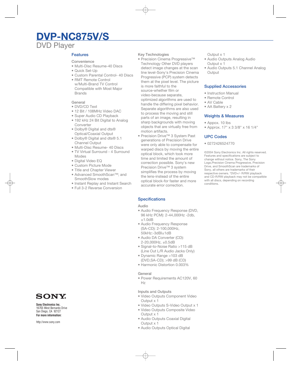 Dvp-nc875v/s, Dvd player | Sony DVP-NC875S User Manual | Page 2 / 2