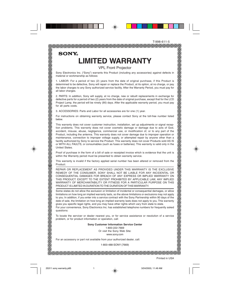 Sony T-998-611-5 User Manual | 1 page