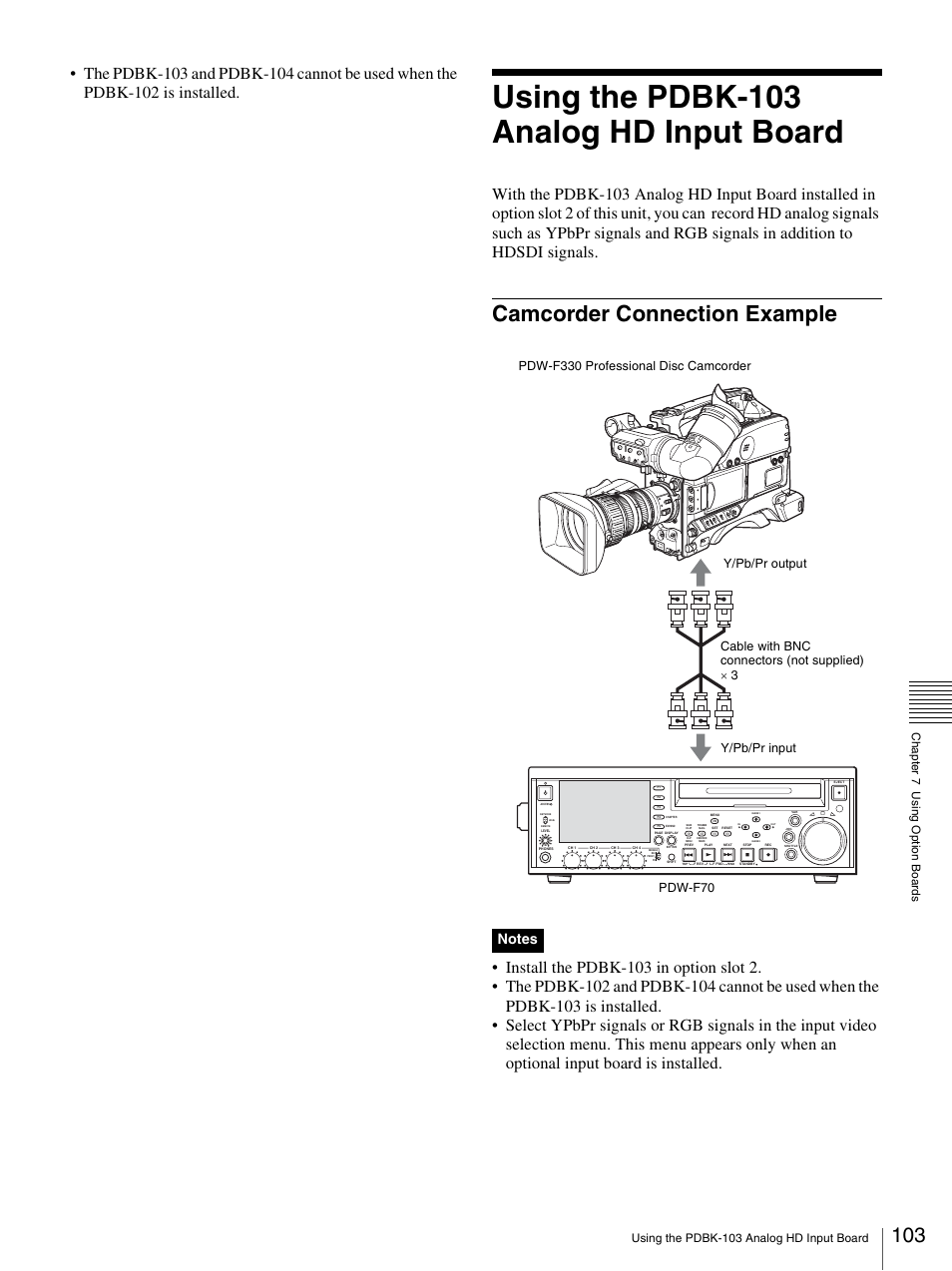 Using the pdbk-103 analog hd input board, Camcorder connection example | Sony PDW-F70 User Manual | Page 103 / 126