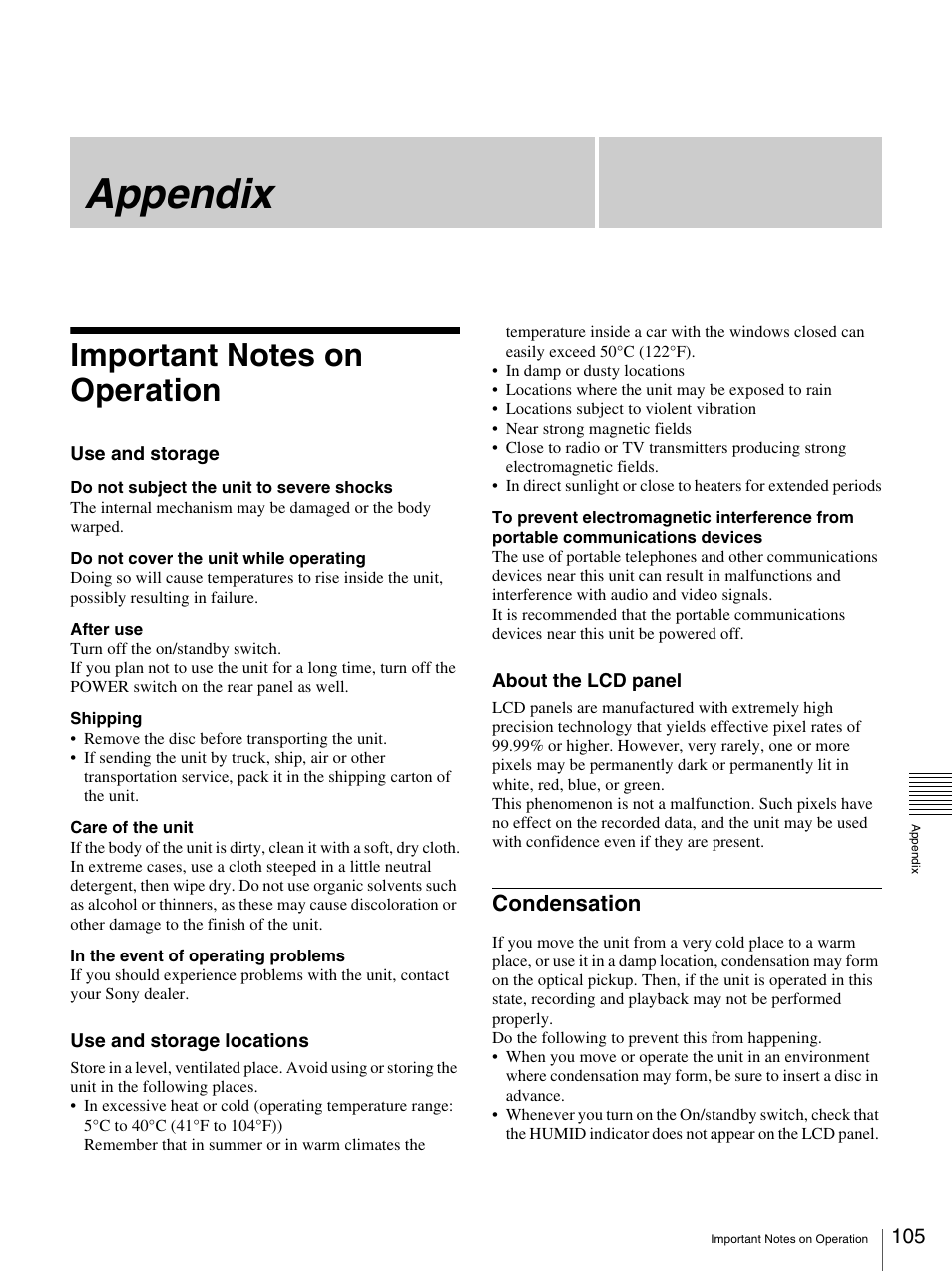Appendix, Important notes on operation, Condensation | Sony PDW-F70 User Manual | Page 105 / 126