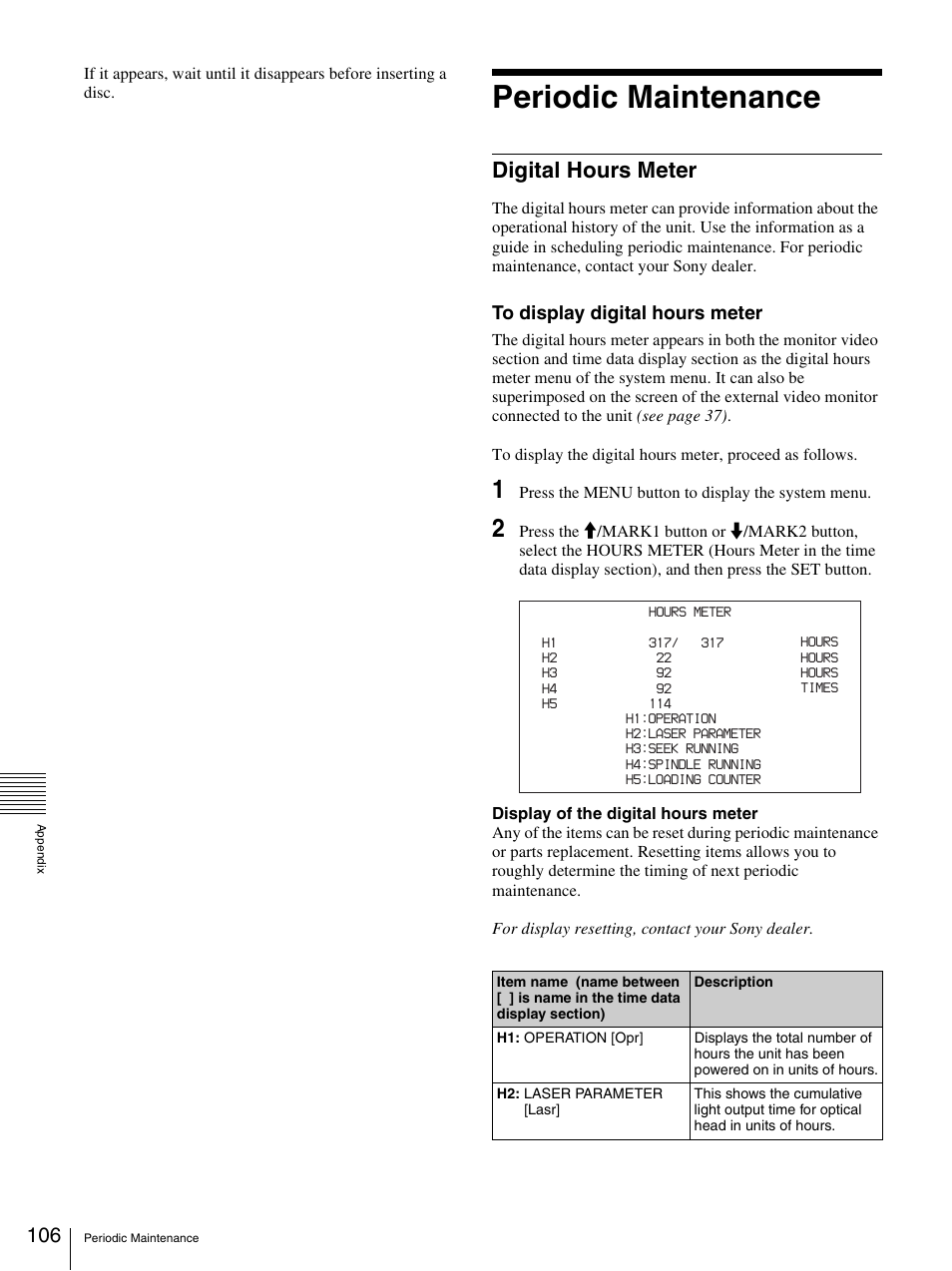 Periodic maintenance, Digital hours meter | Sony PDW-F70 User Manual | Page 106 / 126