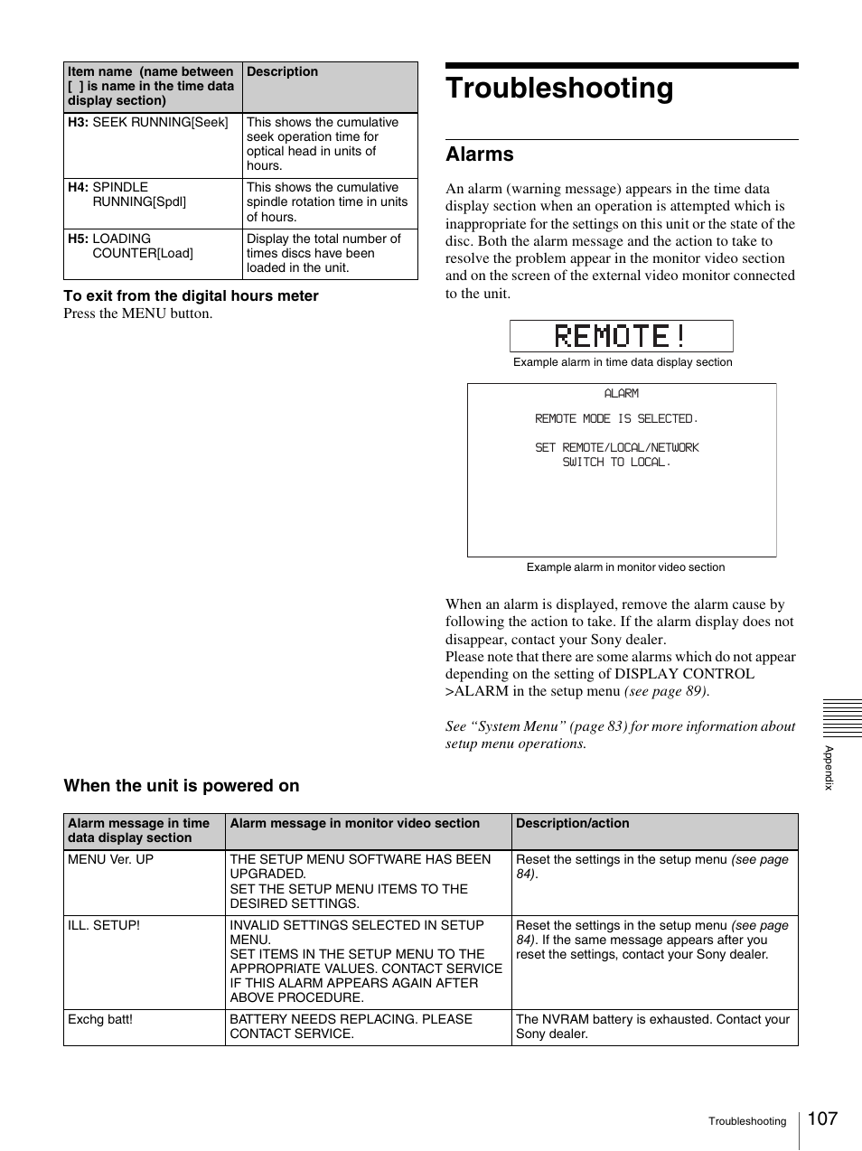 Troubleshooting, Alarms, When the unit is powered on | Sony PDW-F70 User Manual | Page 107 / 126