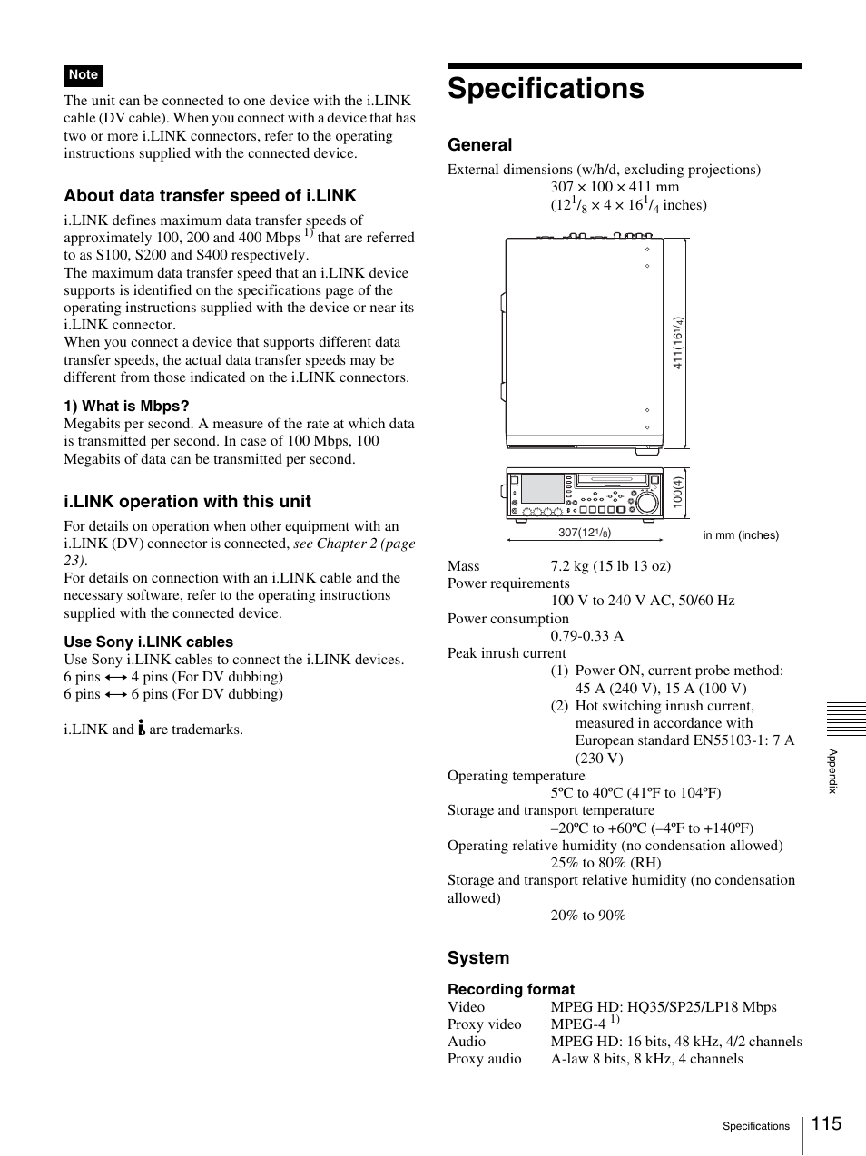 Specifications, About data transfer speed of i.link, I.link operation with this unit | General, System | Sony PDW-F70 User Manual | Page 115 / 126
