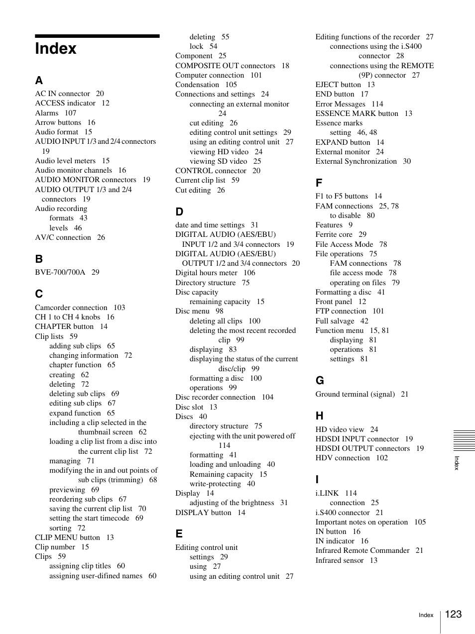 Index | Sony PDW-F70 User Manual | Page 123 / 126