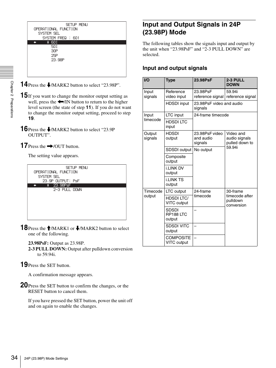 Input and output signals in 24p (23.98p) mode, Input and output signals | Sony PDW-F70 User Manual | Page 34 / 126