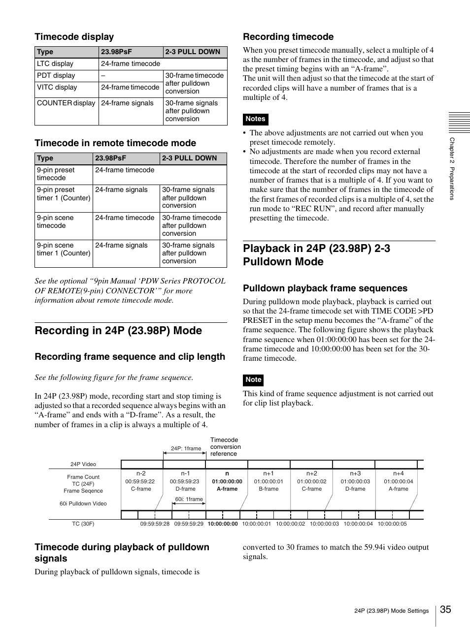 Recording in 24p (23.98p) mode, Playback in 24p (23.98p) 2-3 pulldown mode, Timecode display timecode in remote timecode mode | Recording frame sequence and clip length, Recording timecode, Pulldown playback frame sequences, Timecode during playback of pulldown signals | Sony PDW-F70 User Manual | Page 35 / 126