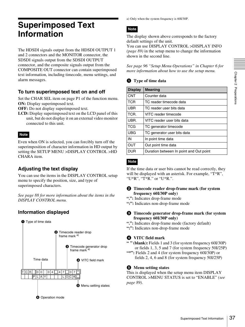 Superimposed text information, Adjusting the text display, Information displayed | Sony PDW-F70 User Manual | Page 37 / 126