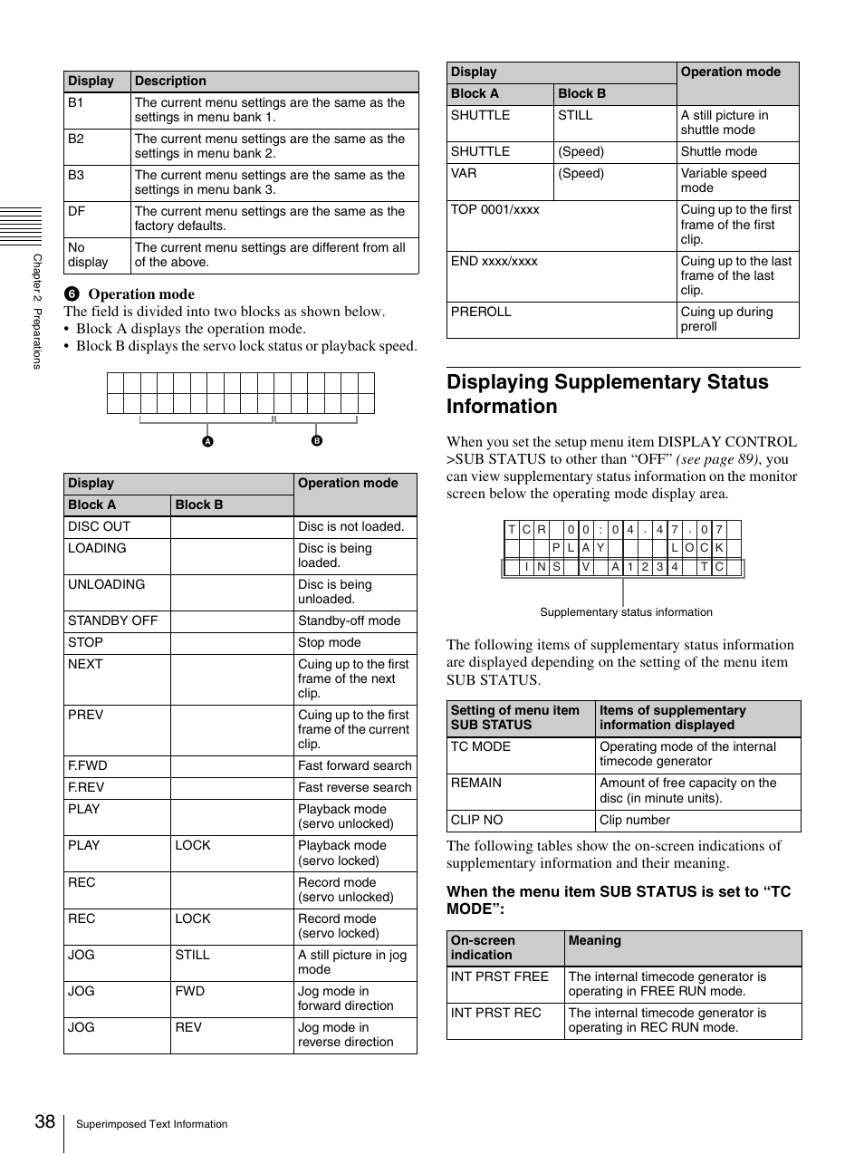 Displaying supplementary status information | Sony PDW-F70 User Manual | Page 38 / 126