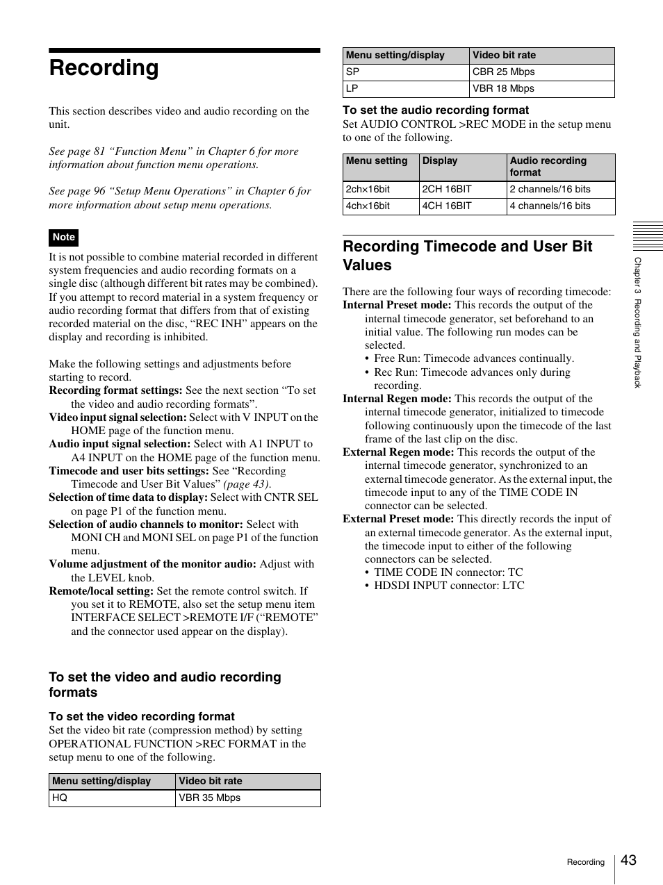 Recording, Recording timecode and user bit values | Sony PDW-F70 User Manual | Page 43 / 126