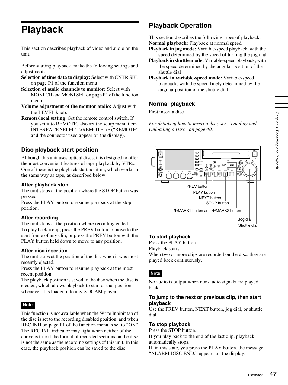 Playback, Playback operation, Disc playback start position | Normal playback | Sony PDW-F70 User Manual | Page 47 / 126