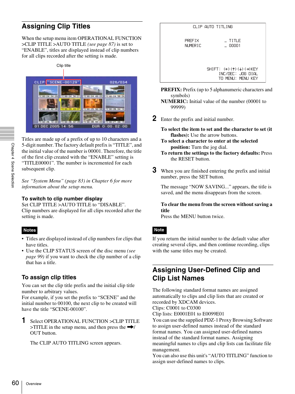 Assigning clip titles, Assigning user-defined clip and clip list names | Sony PDW-F70 User Manual | Page 60 / 126