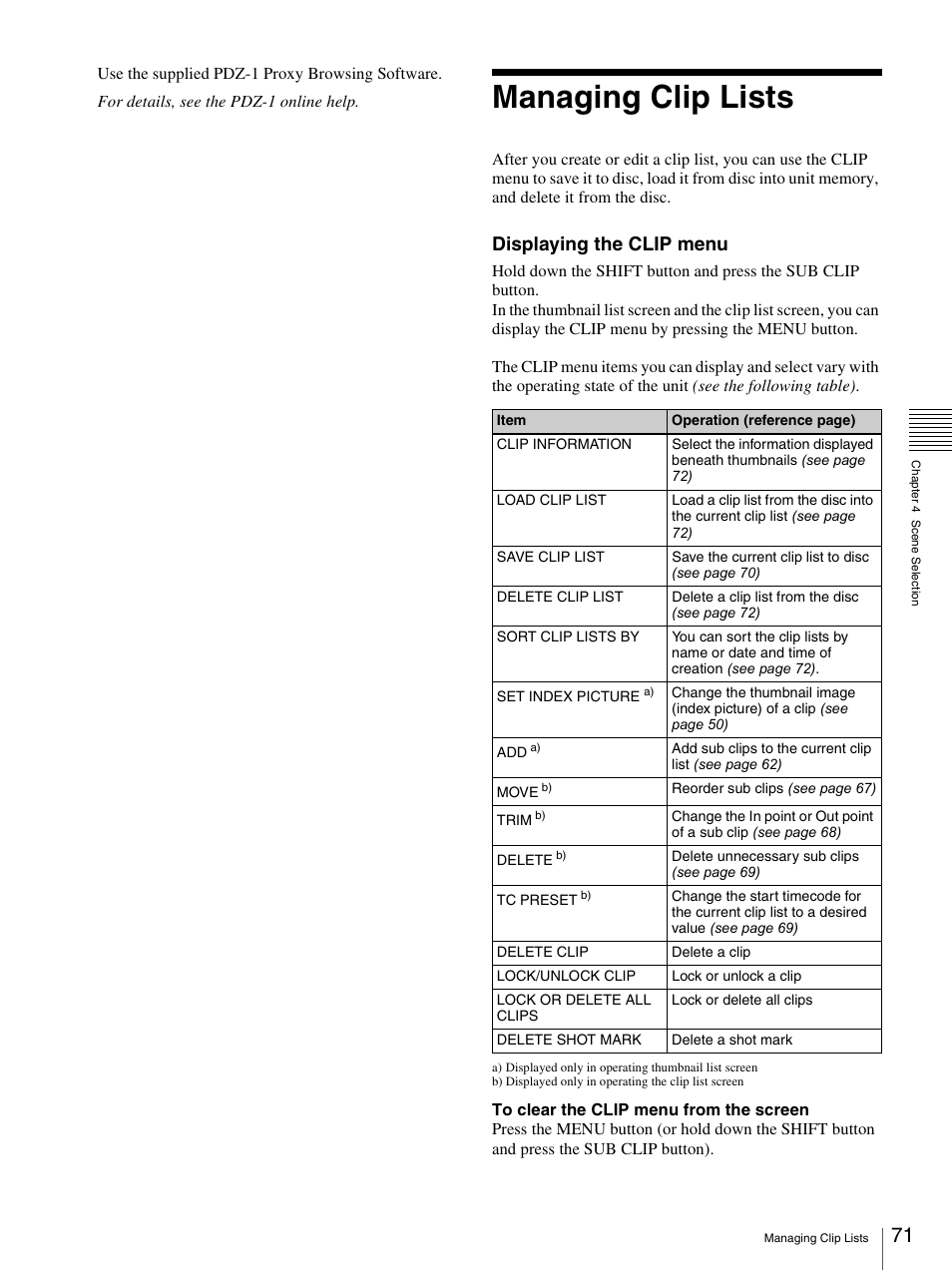 Managing clip lists, Displaying the clip menu | Sony PDW-F70 User Manual | Page 71 / 126