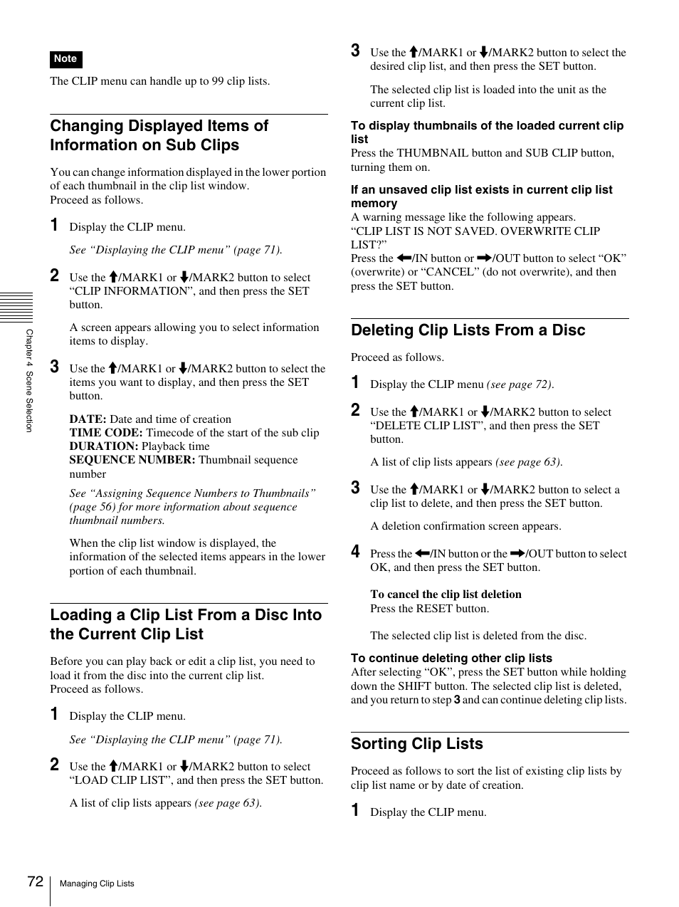 Deleting clip lists from a disc, Sorting clip lists | Sony PDW-F70 User Manual | Page 72 / 126