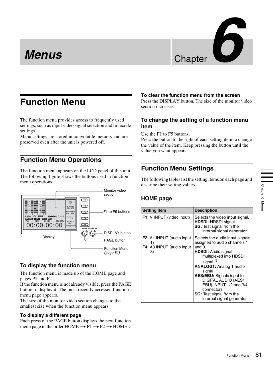 Chapter 6 menus, Function menu, Function menu operations | Function menu settings, Function menu operations function menu settings, Menus, Chapter, Home page | Sony PDW-F70 User Manual | Page 81 / 126