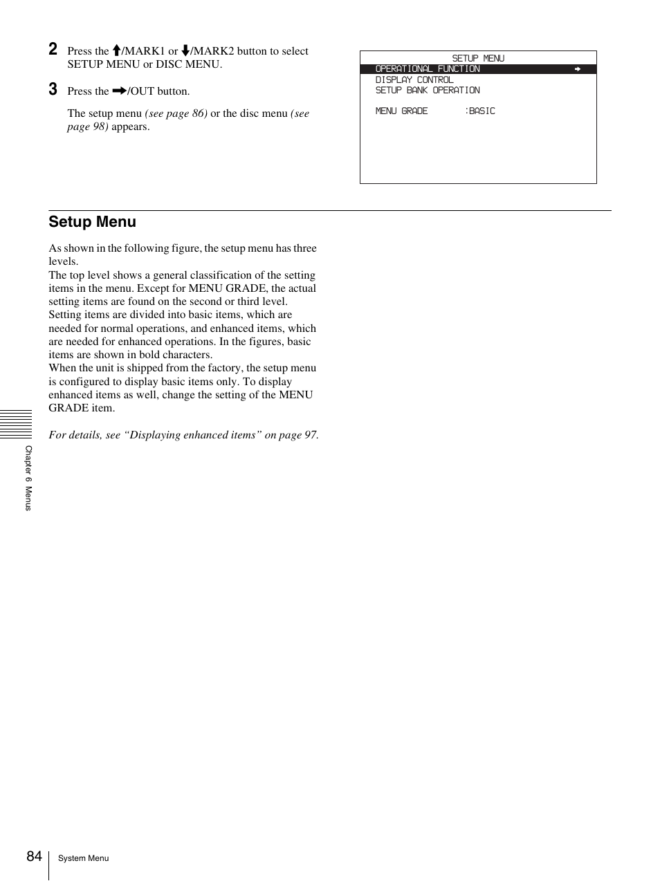 Setup menu | Sony PDW-F70 User Manual | Page 84 / 126