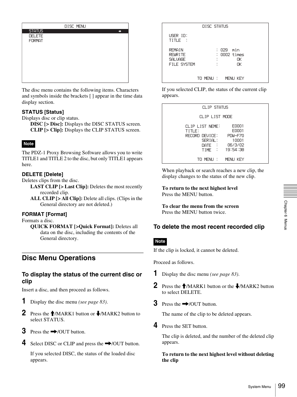 Disc menu operations | Sony PDW-F70 User Manual | Page 99 / 126