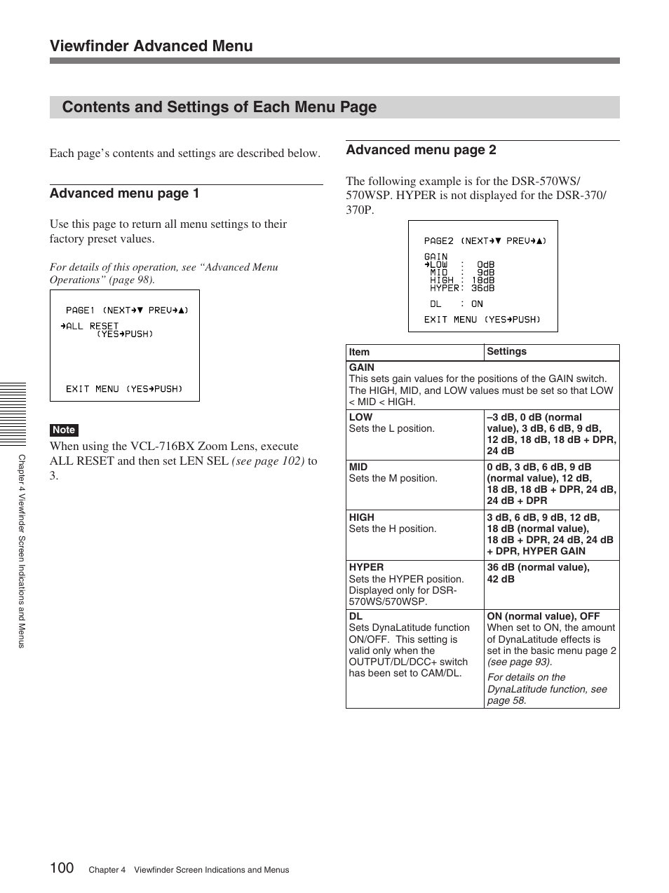 Advanced menu page 1, Advanced menu page 2 | Sony 570WSPL User Manual | Page 100 / 160