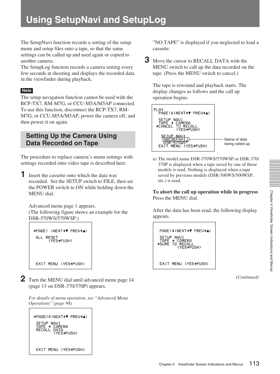 Using setupnavi and setuplog, Setting up the camera using data recorded on tape | Sony 570WSPL User Manual | Page 113 / 160