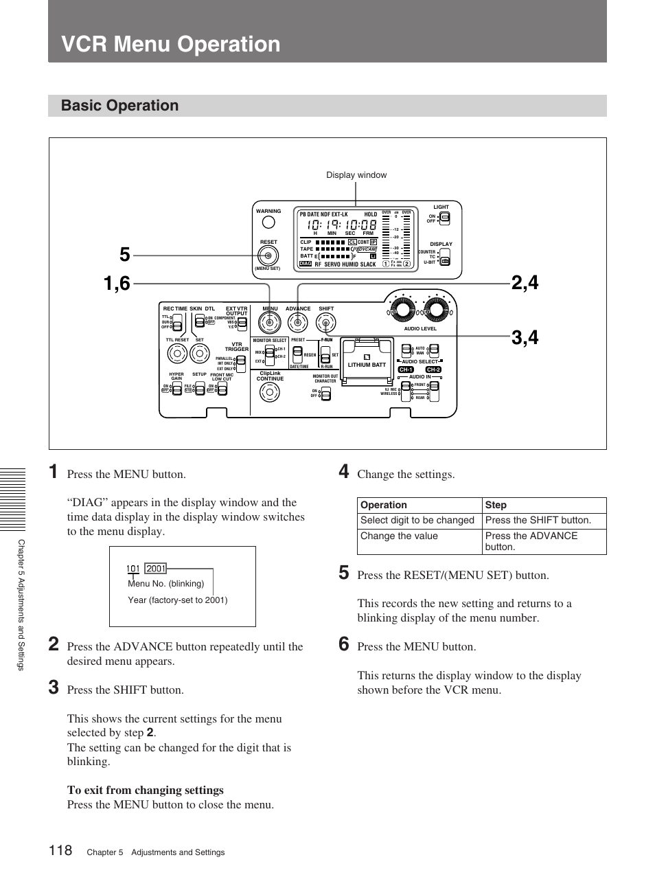 Vcr menu operation, Basic operation, Change the settings | Sony 570WSPL User Manual | Page 118 / 160