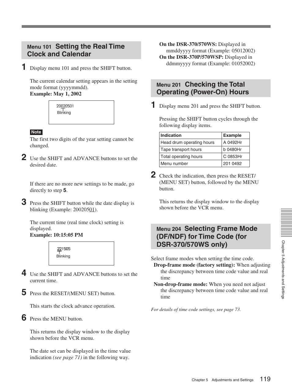 Menu 101 setting the real time clock and calendar, Setting the real time clock and calendar, Checking the total operating (power-on) hours | Sony 570WSPL User Manual | Page 119 / 160