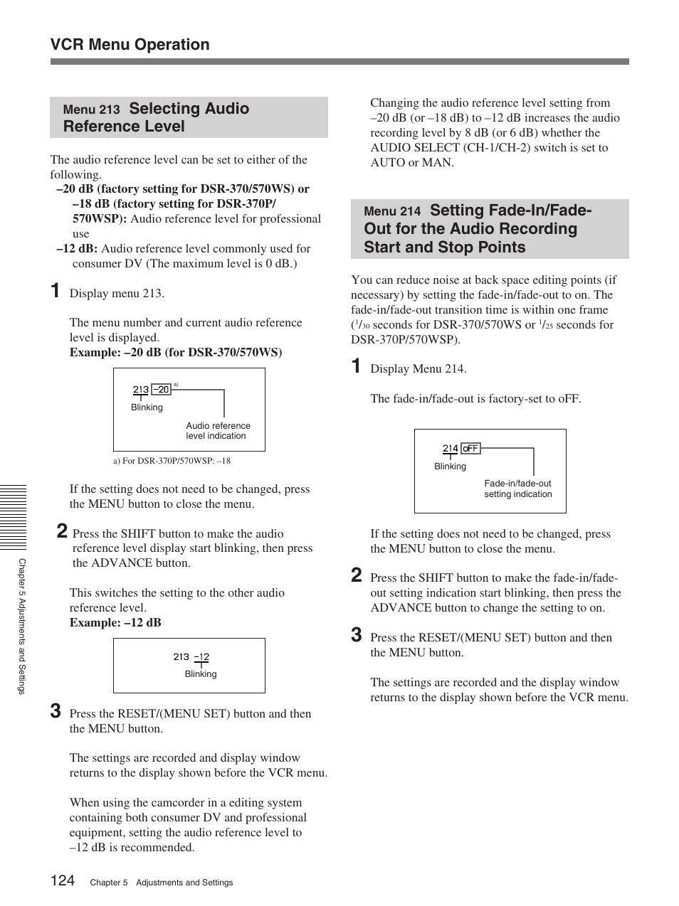 Menu 213 selecting audio reference level, Selecting audio reference level, Vcr menu operation | Sony 570WSPL User Manual | Page 124 / 160