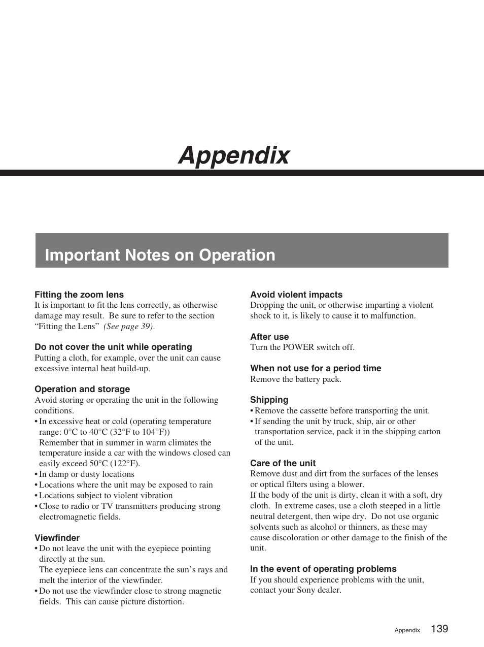 Appendix, Important notes on operation | Sony 570WSPL User Manual | Page 139 / 160