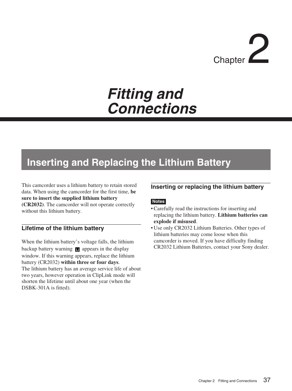 Chapter 2 fitting and connections, Inserting and replacing the lithium battery, Fitting and connections | Sony 570WSPL User Manual | Page 37 / 160