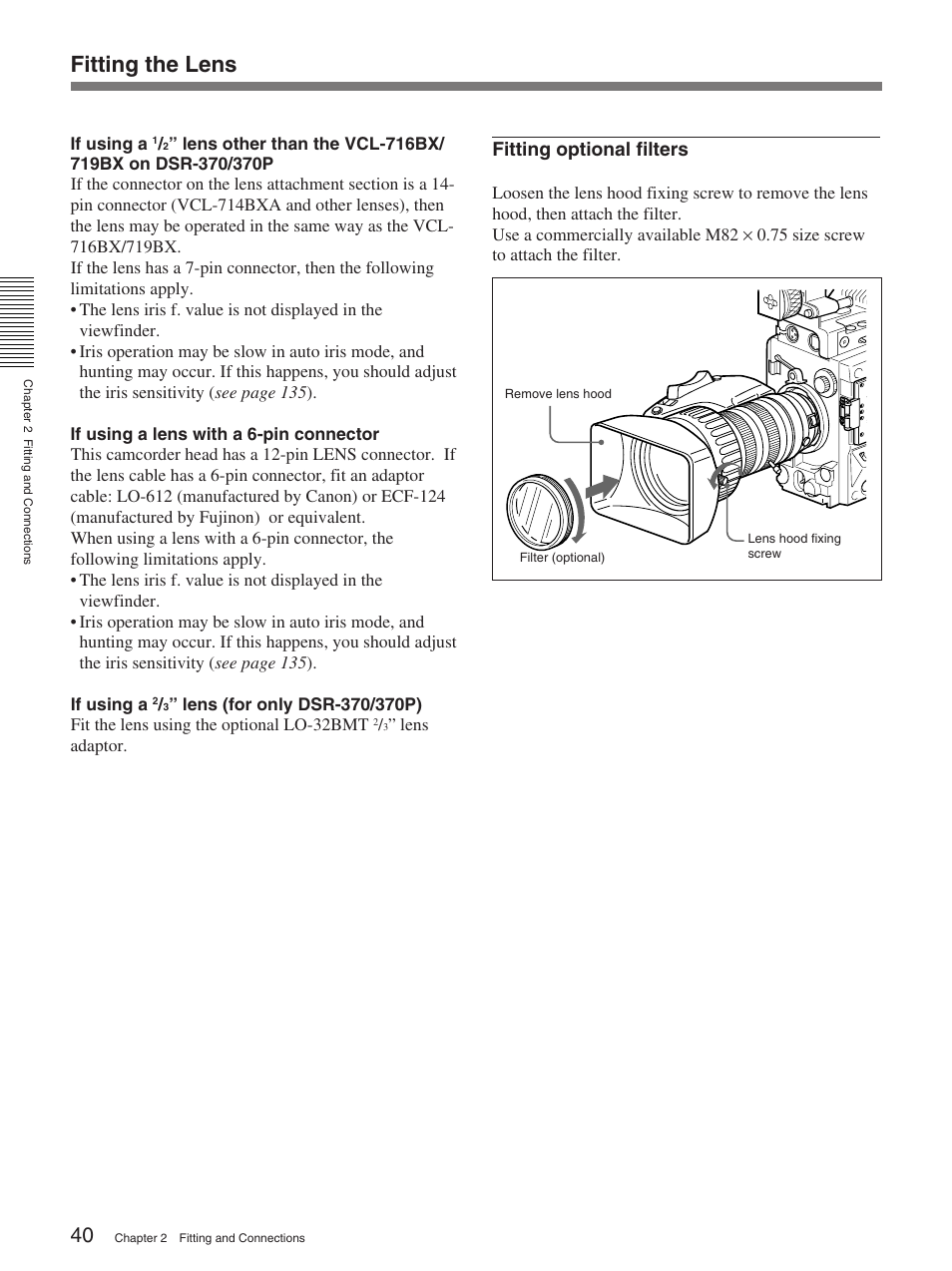 Fitting the lens, Fitting optional filters | Sony 570WSPL User Manual | Page 40 / 160