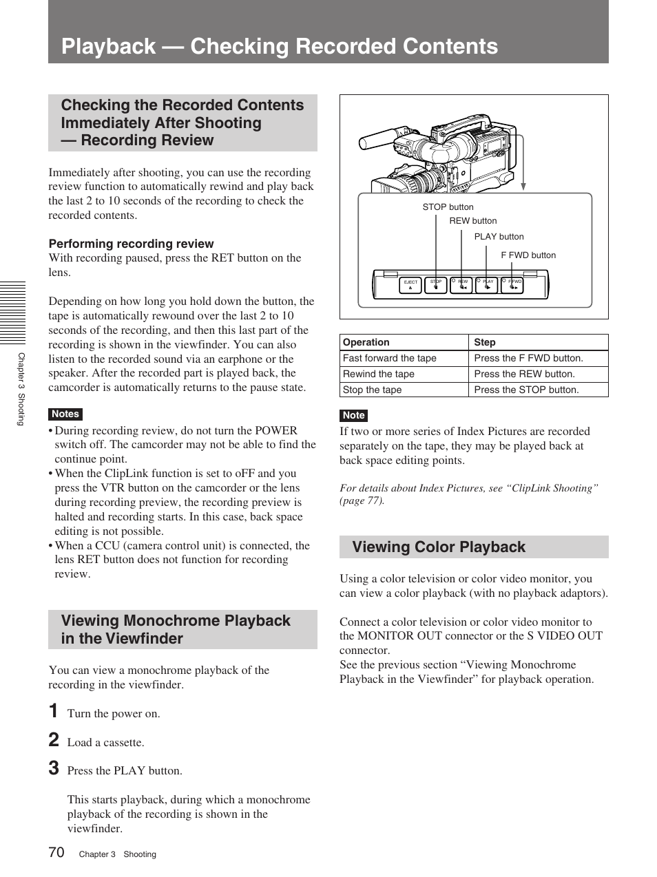 Playback — checking recorded contents, Viewing monochrome playback in the viewfinder, Viewing color playback | Sony 570WSPL User Manual | Page 70 / 160