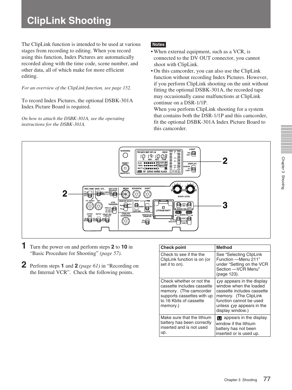 Cliplink shooting, Chapter 3 shooting | Sony 570WSPL User Manual | Page 77 / 160