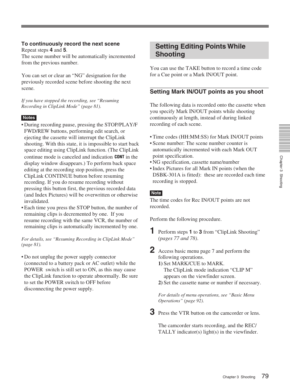 Setting editing points while shooting | Sony 570WSPL User Manual | Page 79 / 160