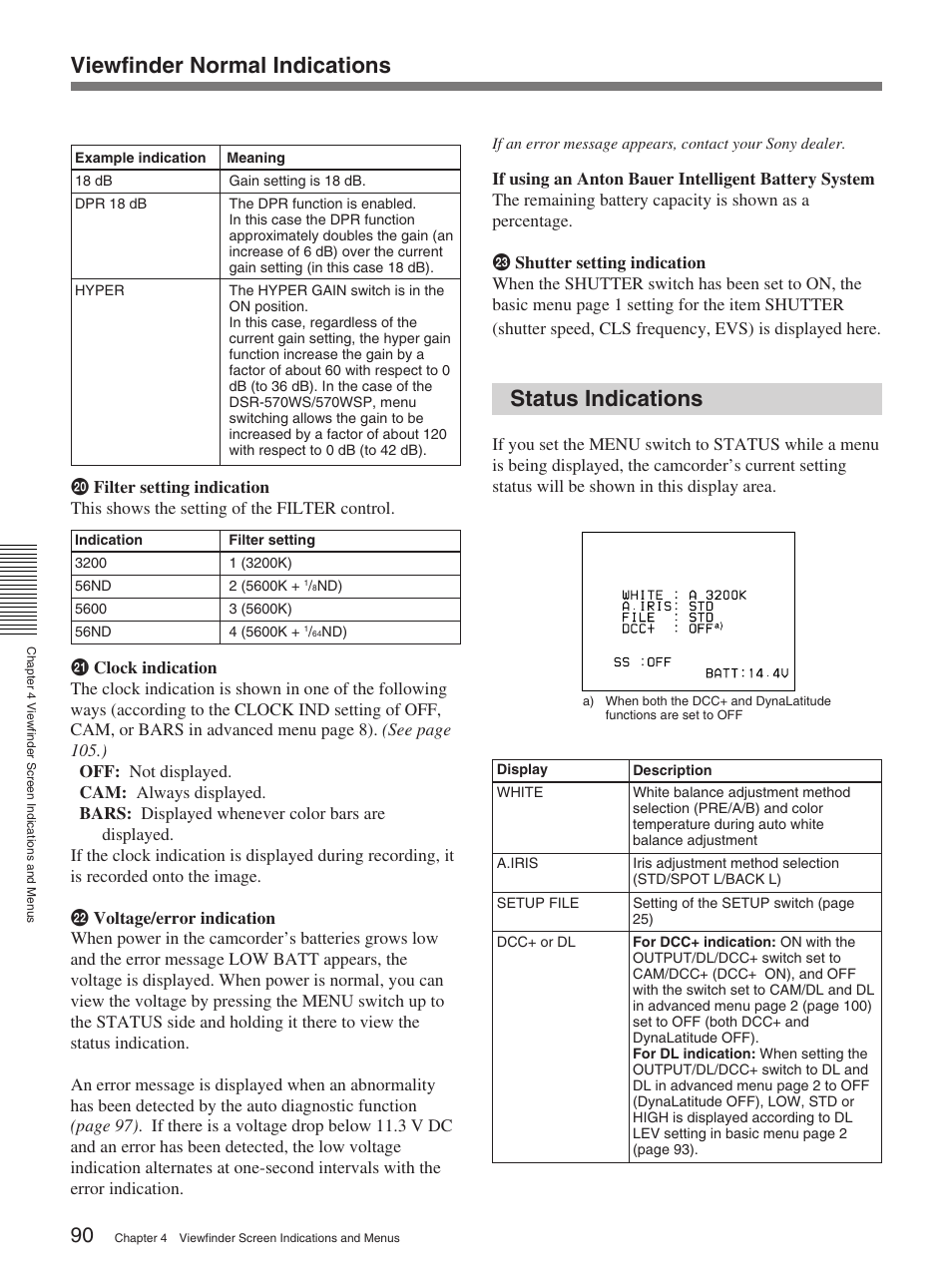 Status indications, Viewfinder normal indications | Sony 570WSPL User Manual | Page 90 / 160