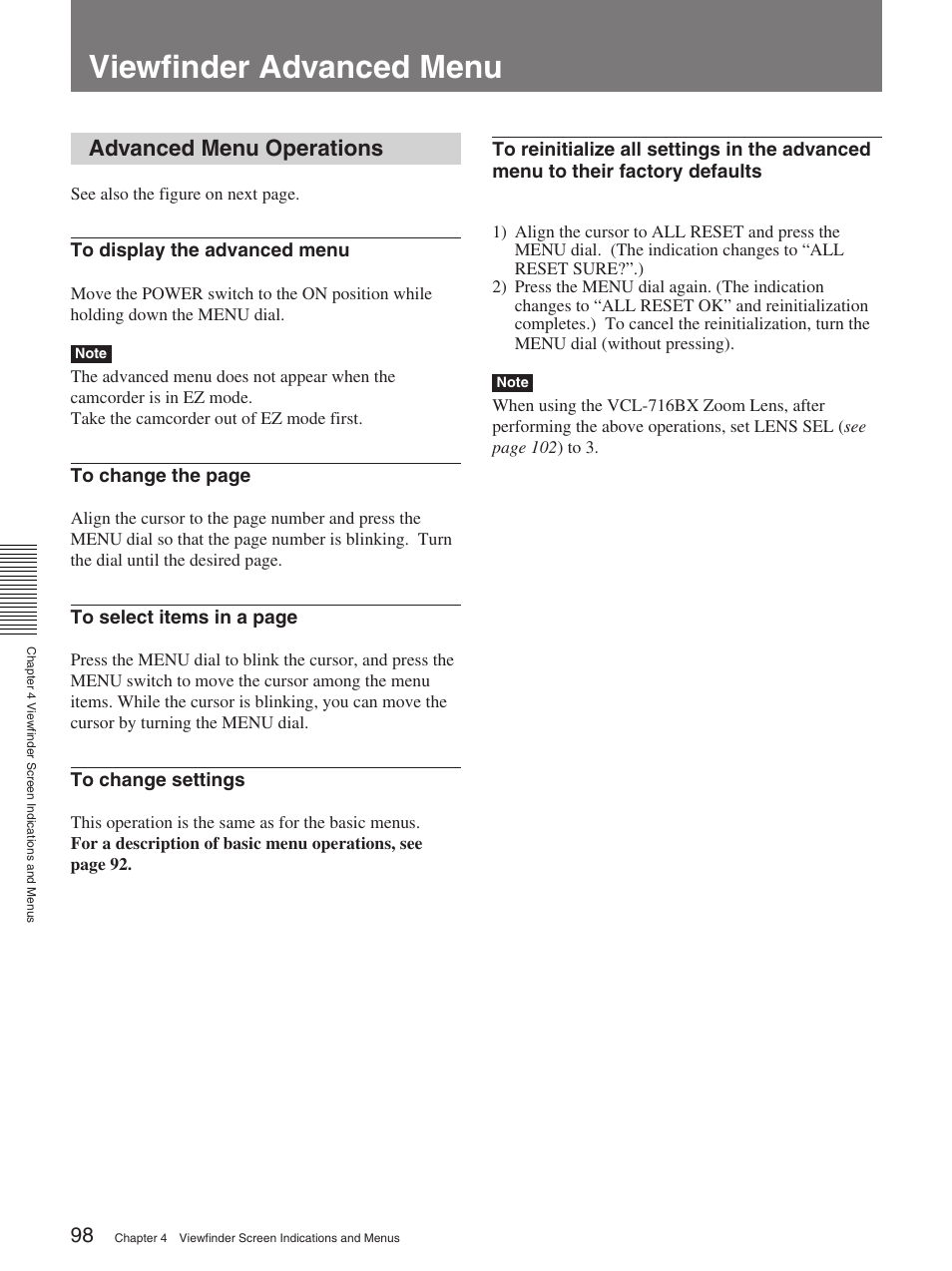 Viewfinder advanced menu, Advanced menu operations | Sony 570WSPL User Manual | Page 98 / 160