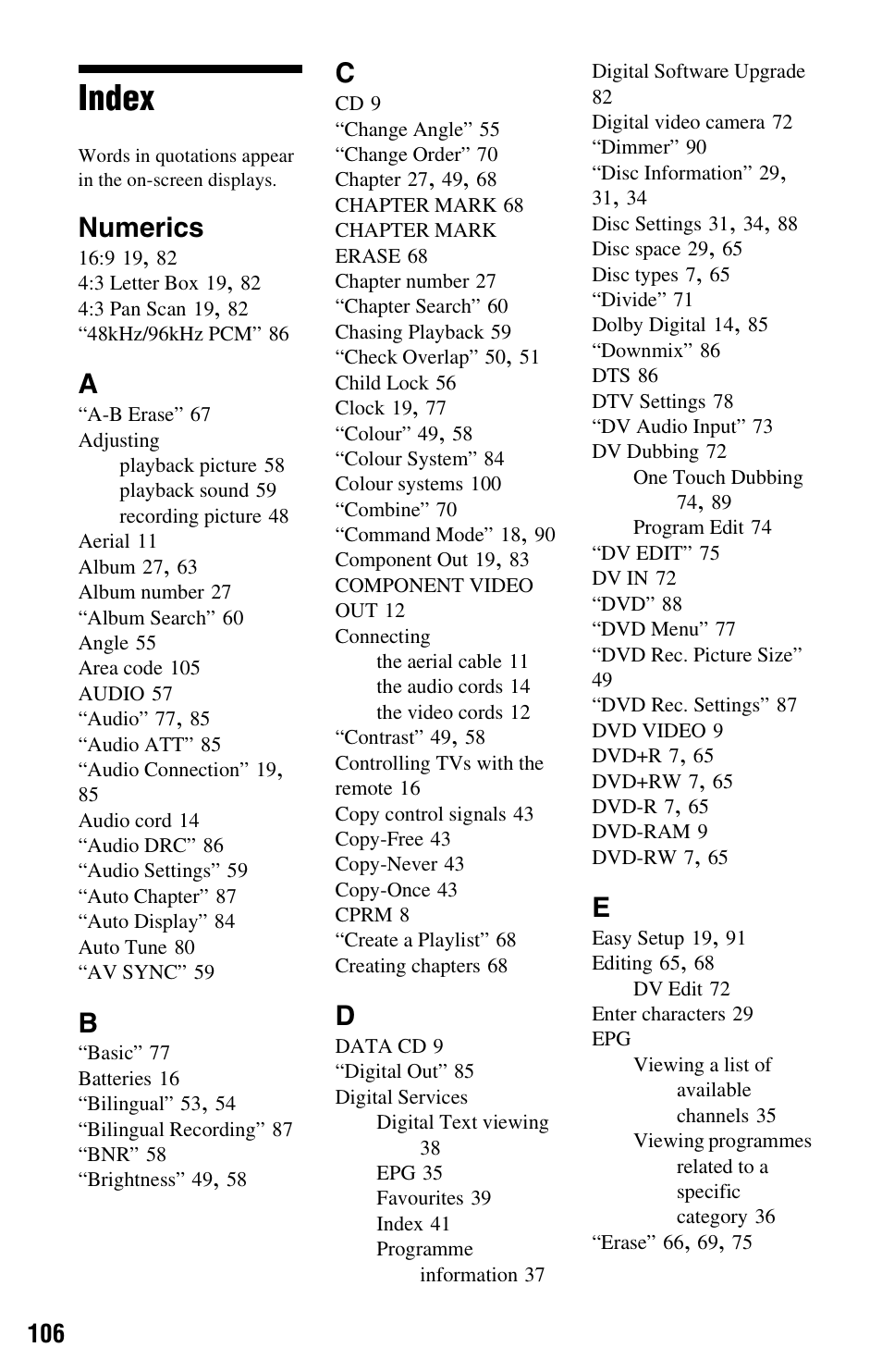 Index, Numerics | Sony RDR-GXD360 User Manual | Page 106 / 108