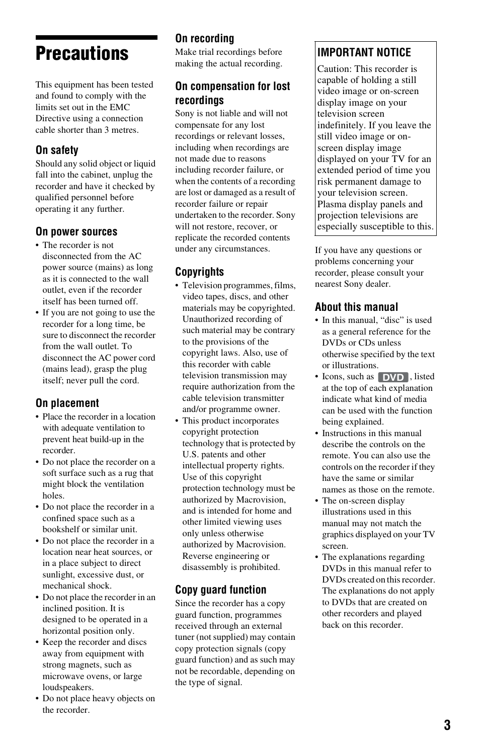 Precautions | Sony RDR-GXD360 User Manual | Page 3 / 108