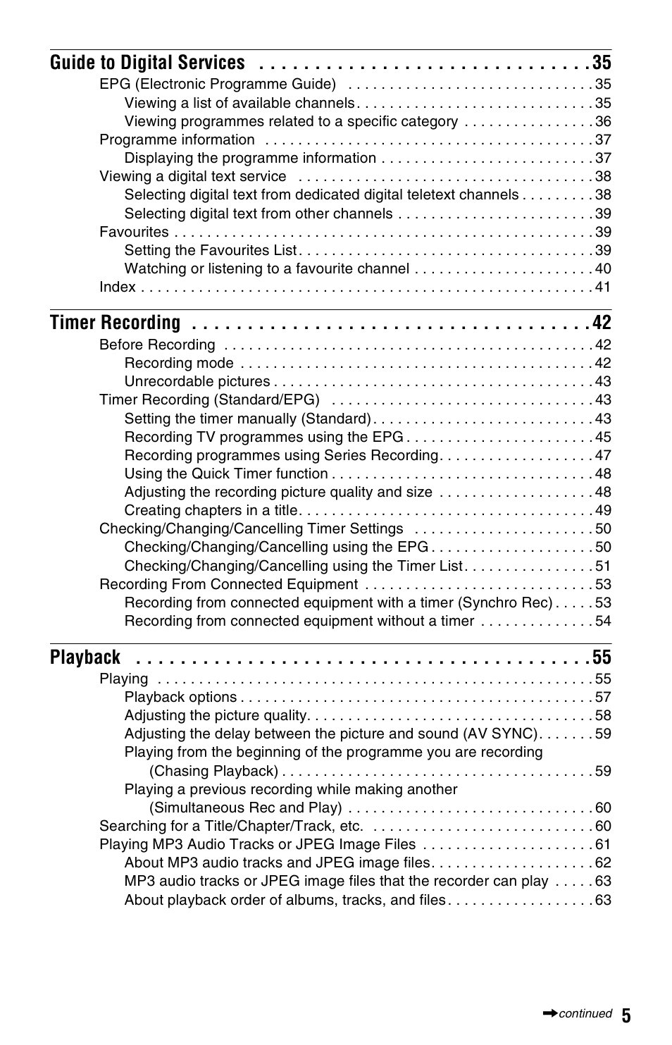 5guide to digital services, Timer recording, Playback | Sony RDR-GXD360 User Manual | Page 5 / 108