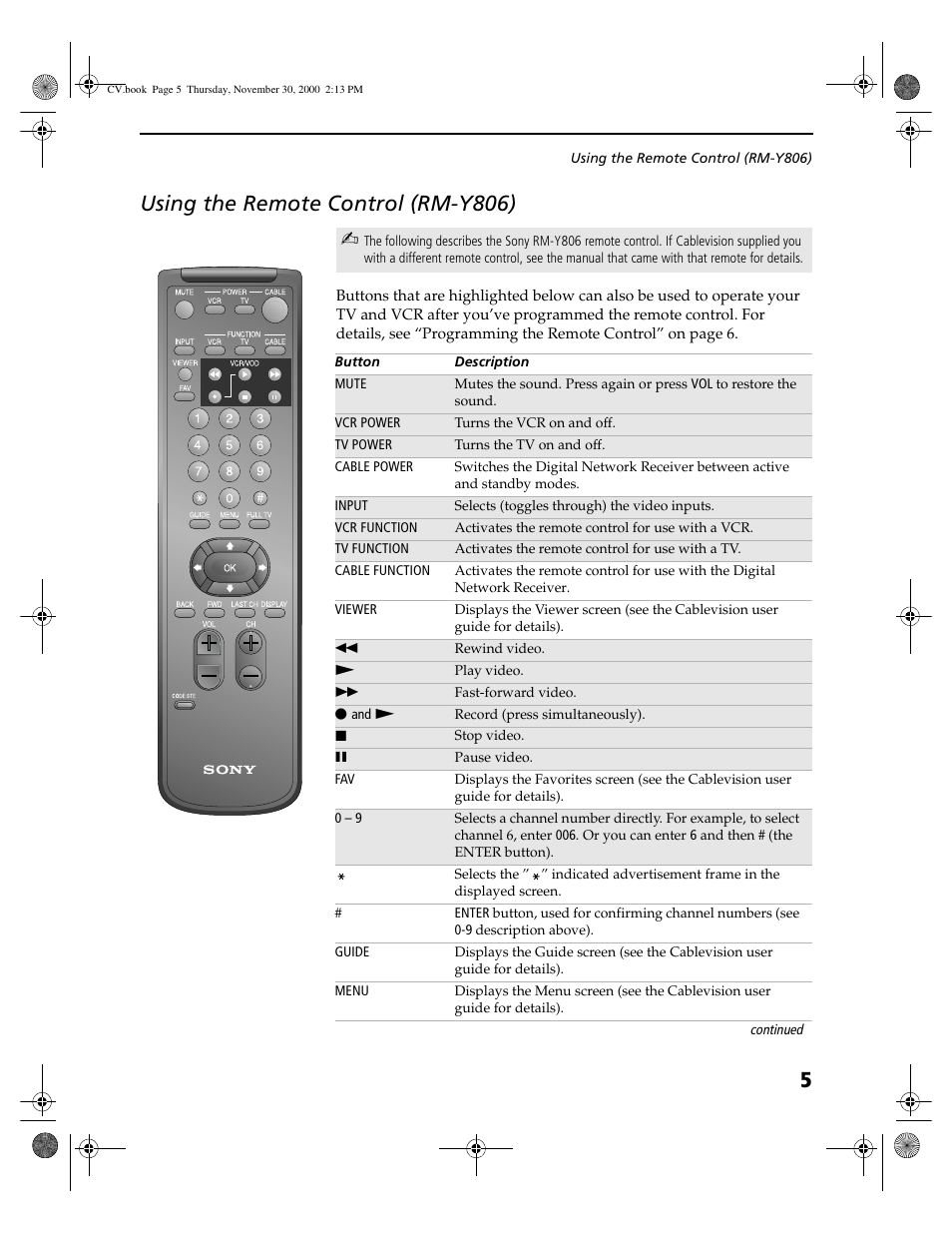 Using the remote control (rm-y806), 5using the remote control (rm-y806) | Sony DHG-M55CV User Manual | Page 11 / 38