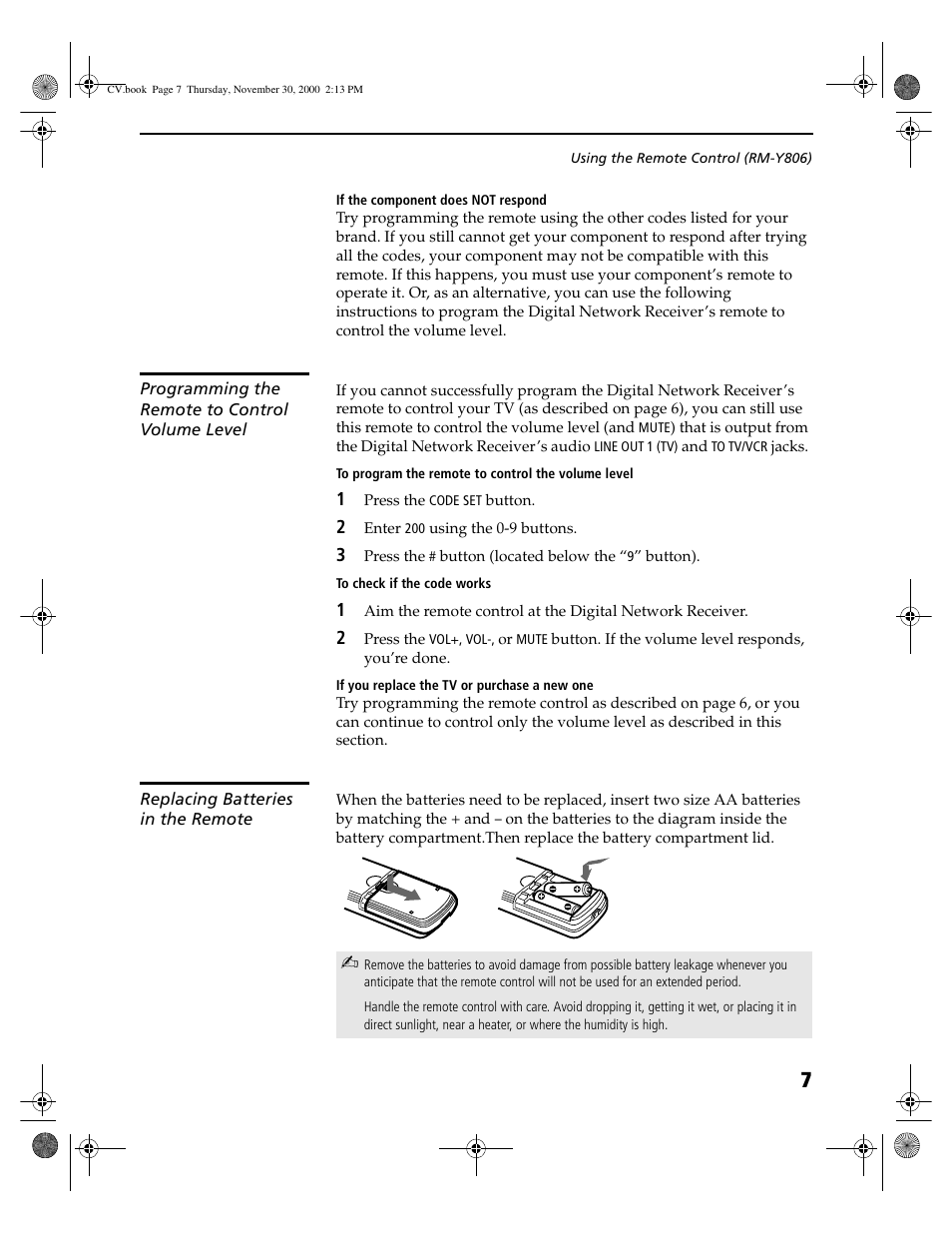 Programming the remote to control volume level, Replacing batteries in the remote, Programming the remote to | Control volume level | Sony DHG-M55CV User Manual | Page 13 / 38