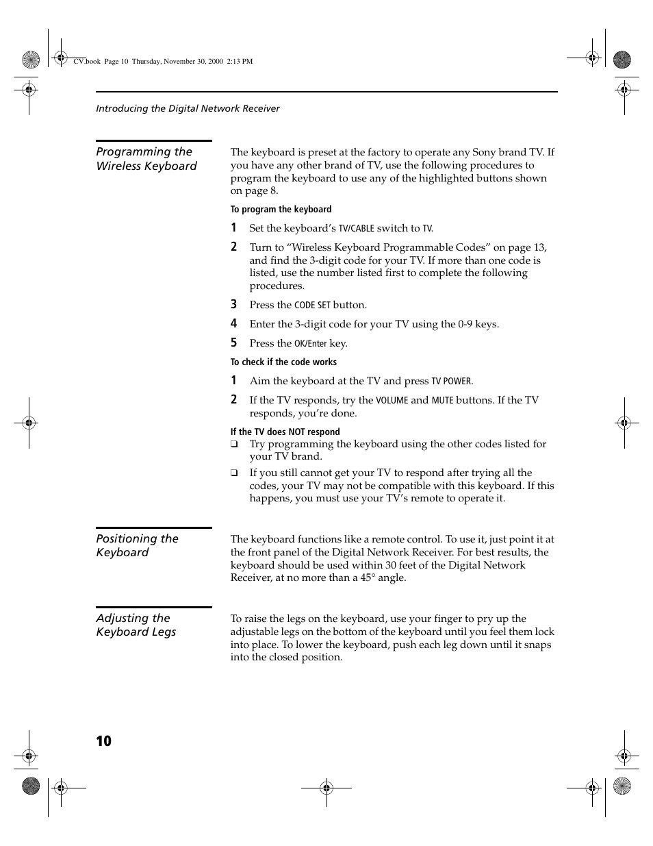 Programming the wireless keyboard, Positioning the keyboard, Adjusting the keyboard legs | Sony DHG-M55CV User Manual | Page 16 / 38