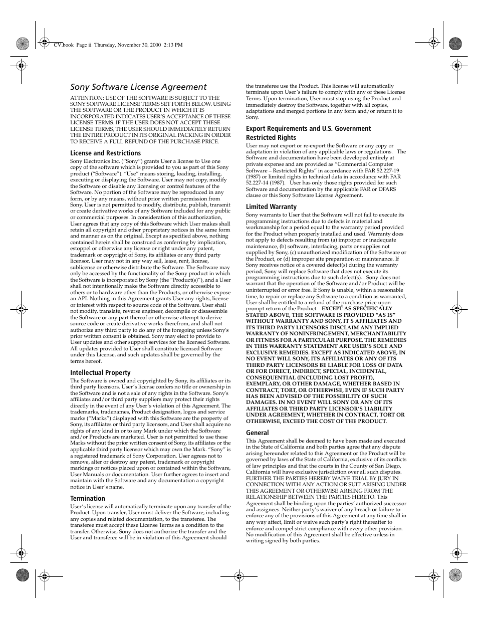 Sony software license agreement | Sony DHG-M55CV User Manual | Page 2 / 38