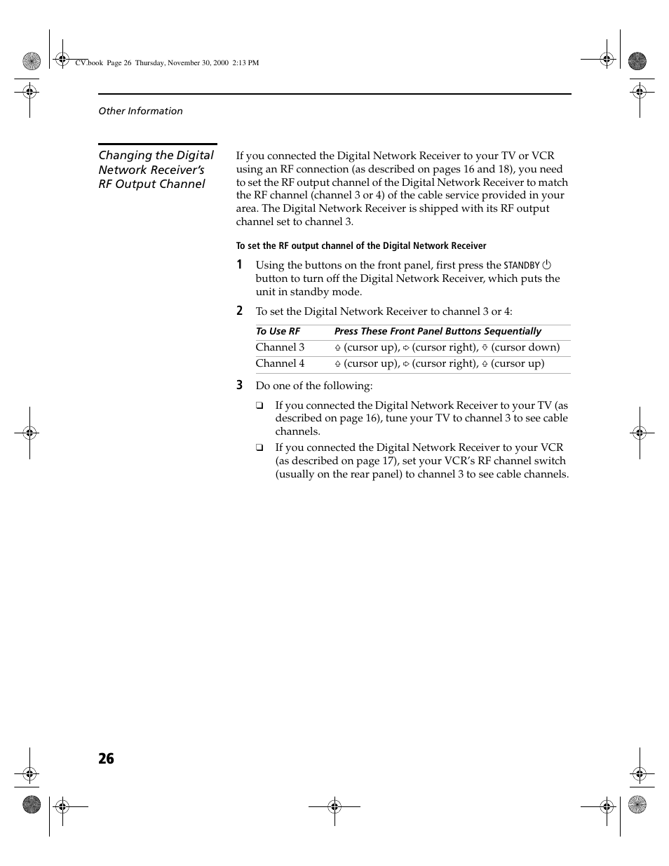 Changing the digital network, Receiver’s rf output channel | Sony DHG-M55CV User Manual | Page 32 / 38