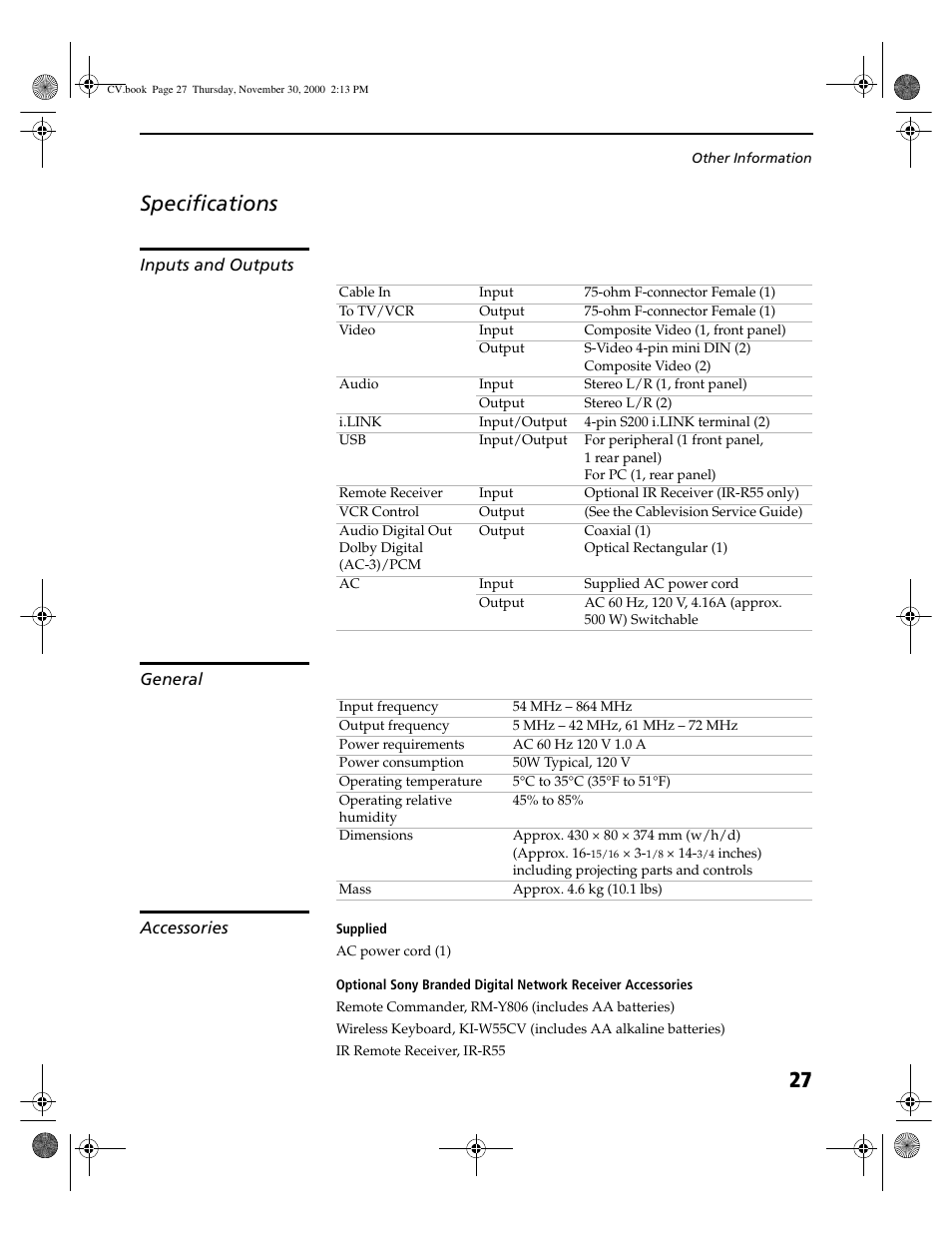 Specifications, Inputs and outputs, General | Accessories, 27 specifications | Sony DHG-M55CV User Manual | Page 33 / 38