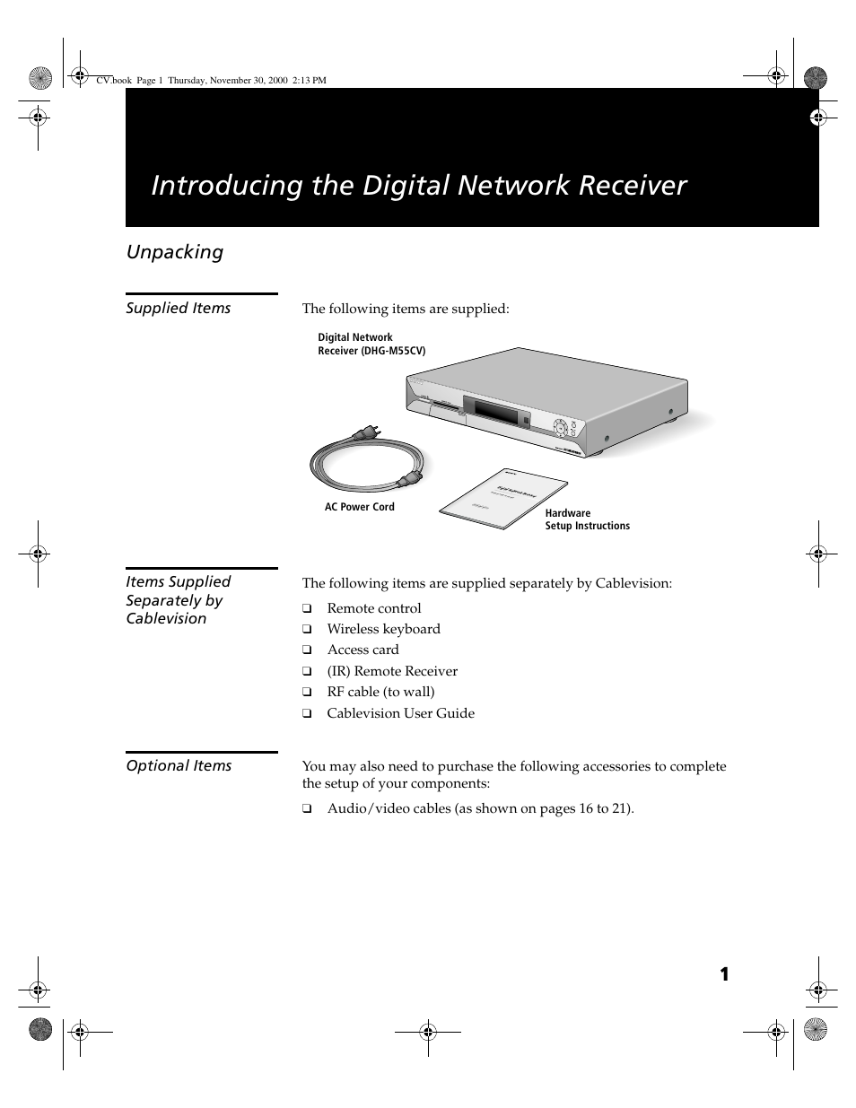 Introducing the digital network receiver, Unpacking, Supplied items | Items supplied separately by cablevision, Optional items, Introducing the digital network receiver unpacking | Sony DHG-M55CV User Manual | Page 7 / 38