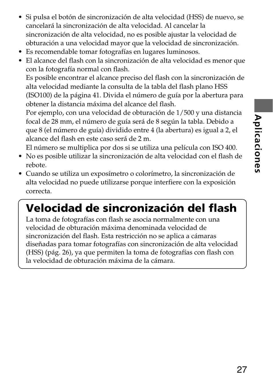 Velocidad de sincronización del flash, 27 aplicaciones | Sony HVL-F36AM User Manual | Page 111 / 212