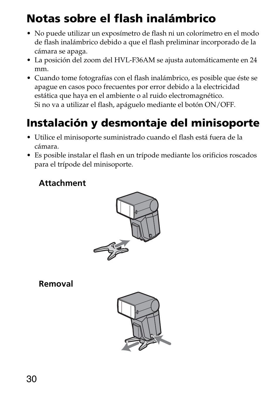 Notas sobre el flash inalámbrico, Instalación y desmontaje del minisoporte | Sony HVL-F36AM User Manual | Page 114 / 212