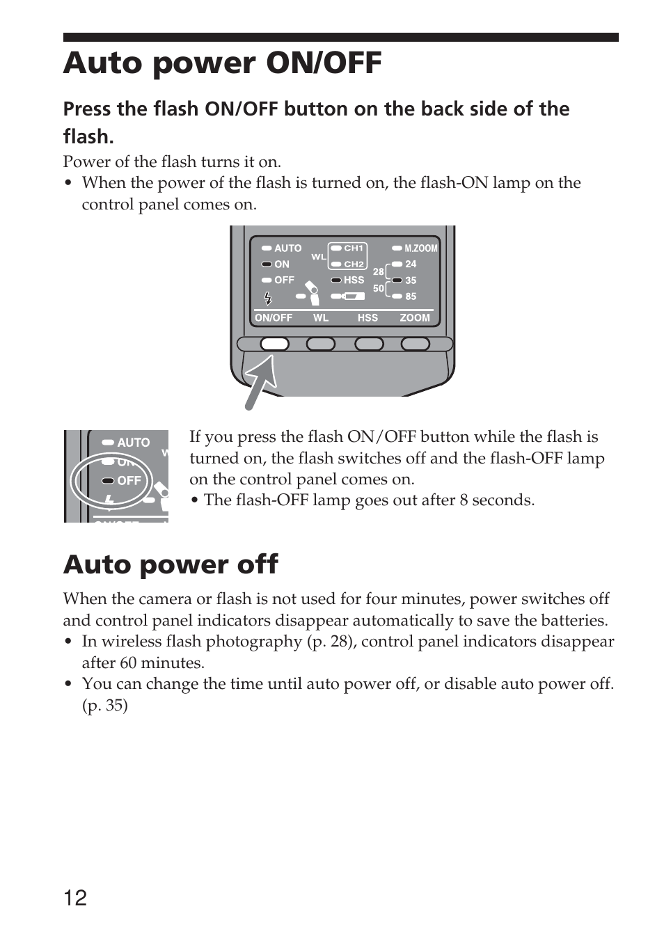 Auto power on/off, Auto power off | Sony HVL-F36AM User Manual | Page 12 / 212