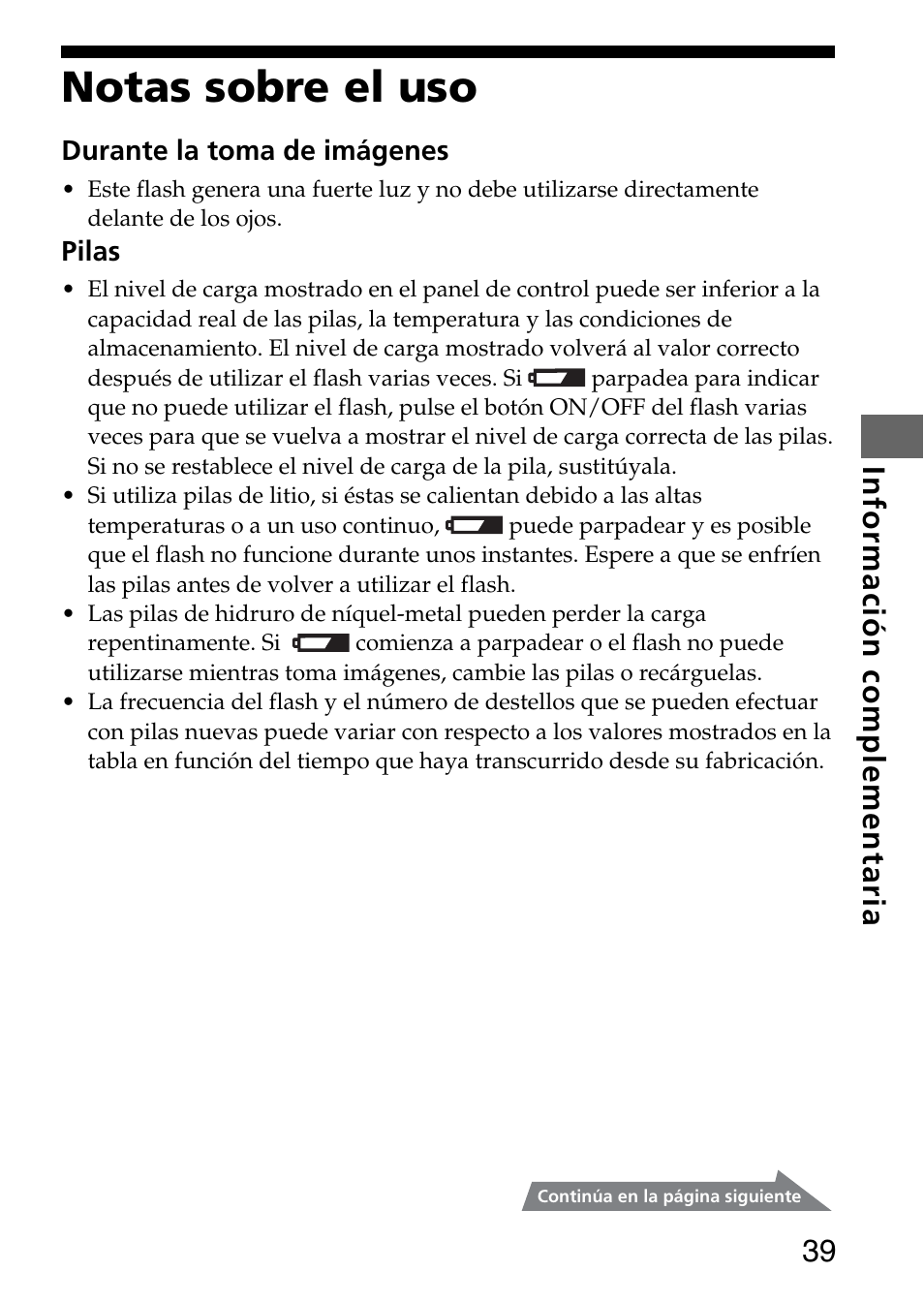 Notas sobre el uso, 39 información complementaria | Sony HVL-F36AM User Manual | Page 123 / 212