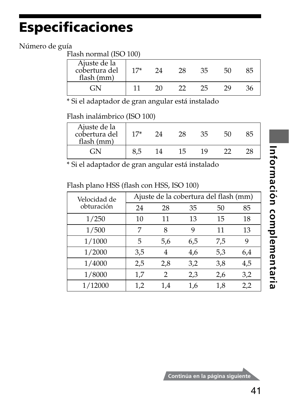 Especificaciones, 41 información complementaria | Sony HVL-F36AM User Manual | Page 125 / 212